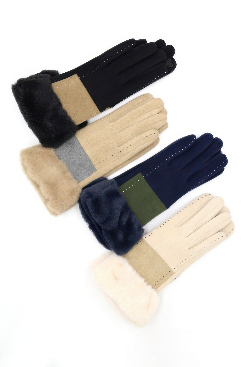 Mixed colors of faux-fur smart-touch gloves: black, beige, navy, and taupe.