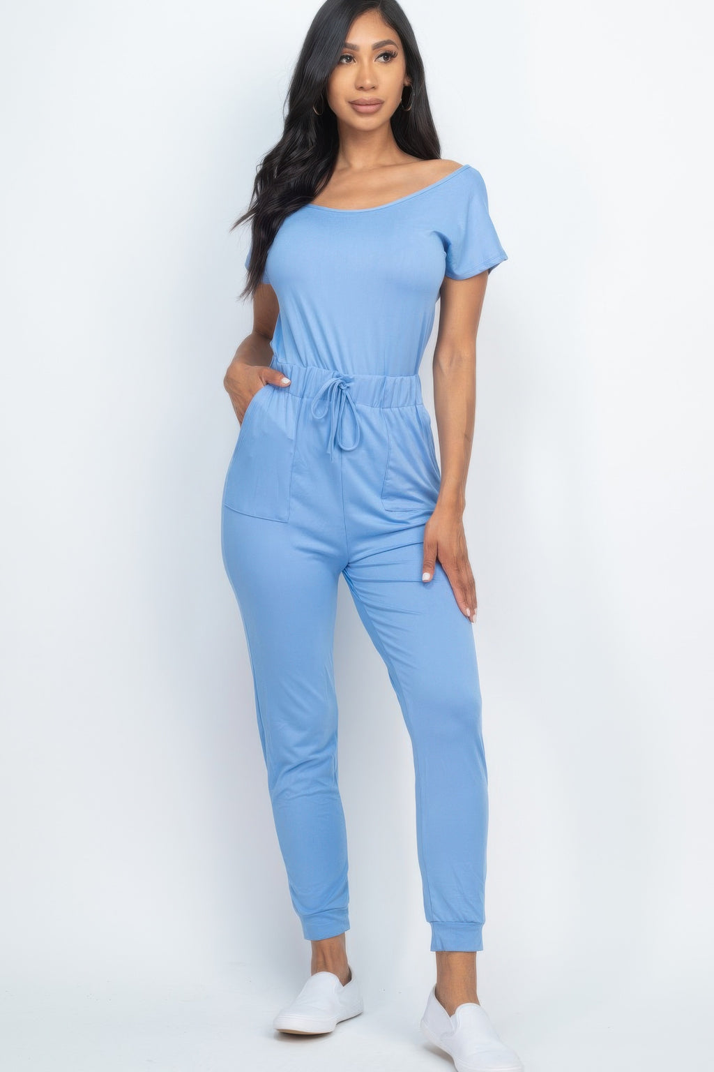 Two-way Shoulder Drawstring Jumpsuit in light blue with cinched waist and jogger cuffs