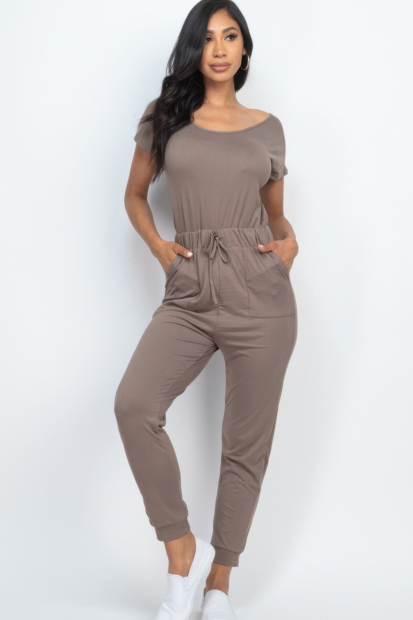 Two-way Shoulder Drawstring Jumpsuit in taupe brown with off-shoulder neckline and tie waist