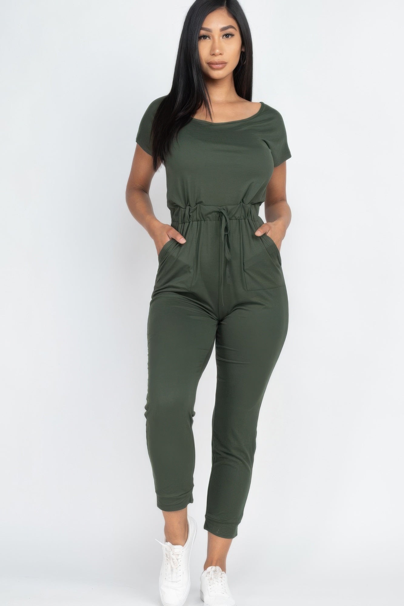Two-way Shoulder Drawstring Jumpsuit in olive green with gathered waist drawstring