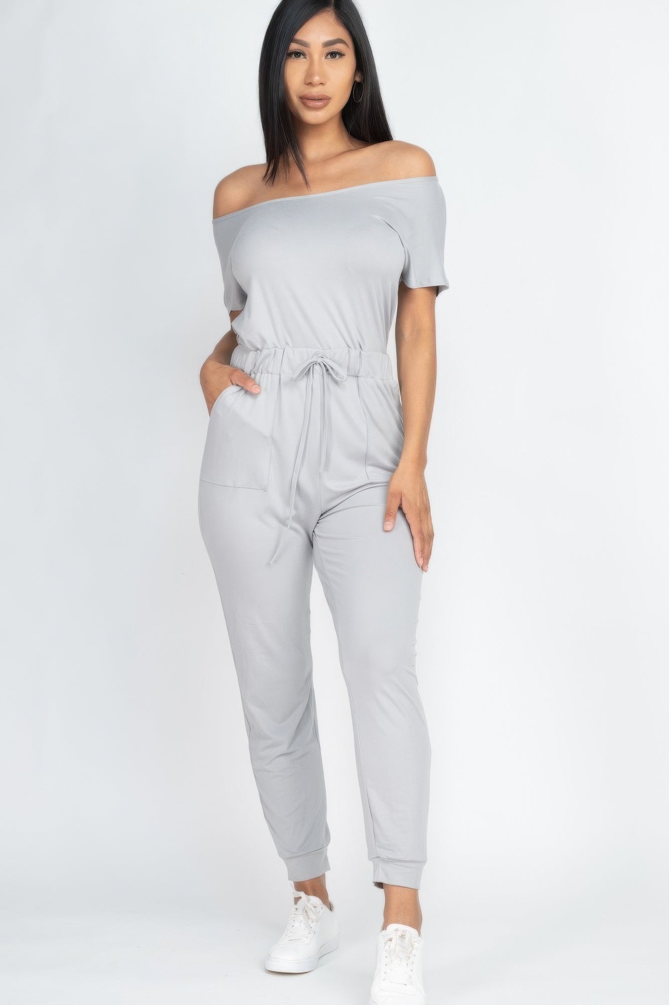 Two-way Shoulder Drawstring Jumpsuit in light grey with elastic waist and side pockets