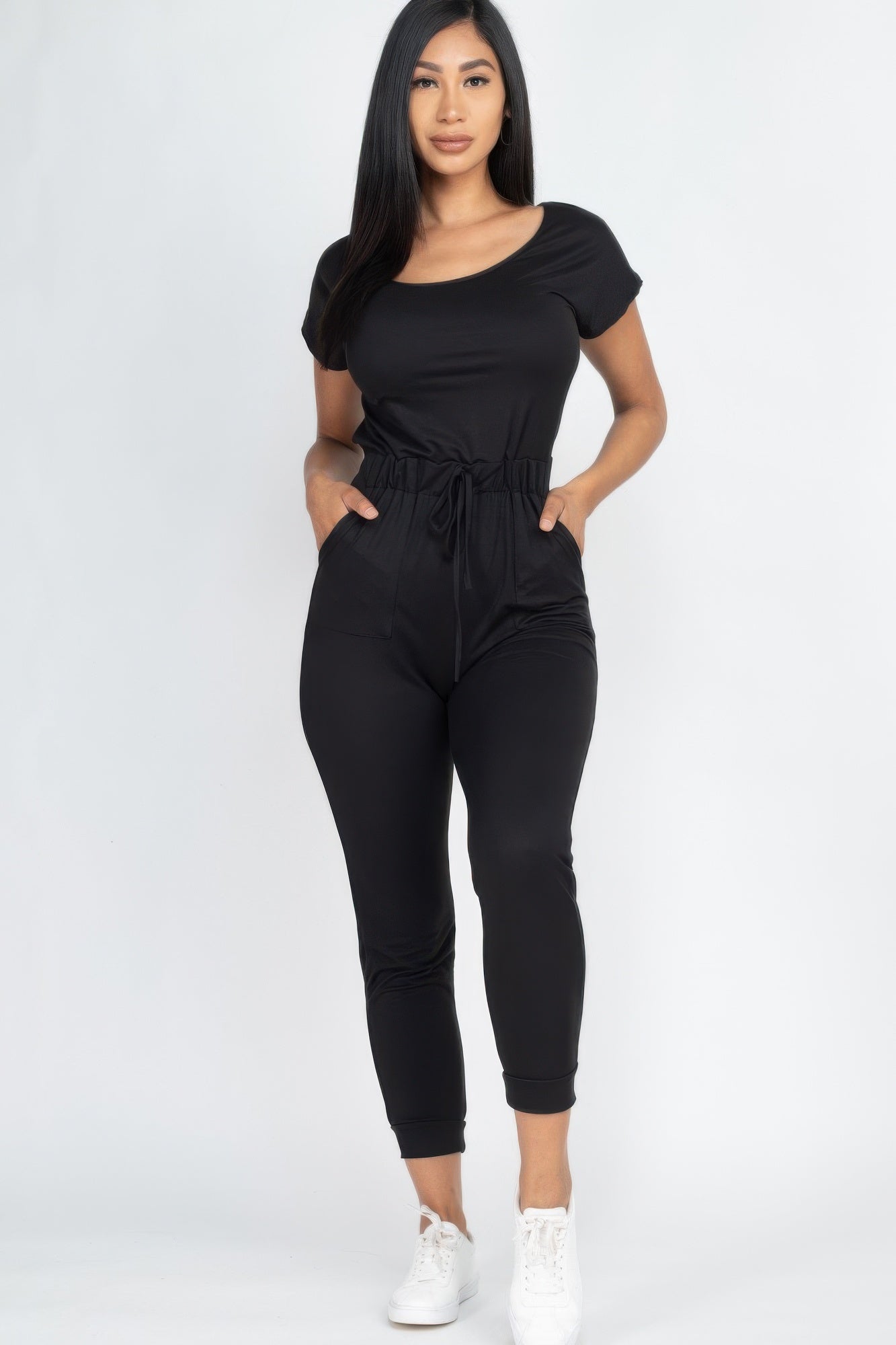 Two-way shoulder drawstring jumpsuit in black, short sleeves, tapered jogger legs
