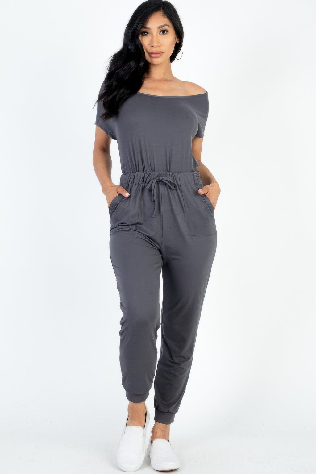 Two-way shoulder drawstring jumpsuit in charcoal grey, off-shoulder neckline, tie waist pockets