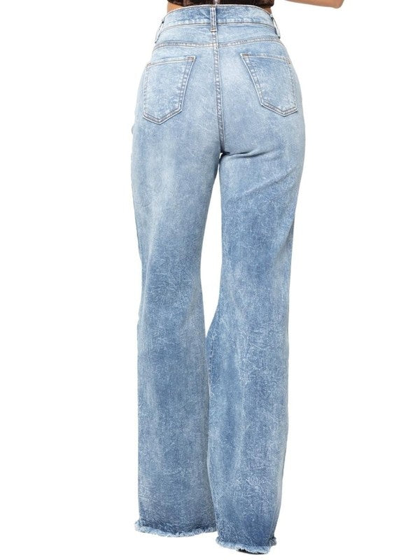 Light wash wide-leg jeans, back view, button closure and patch pockets