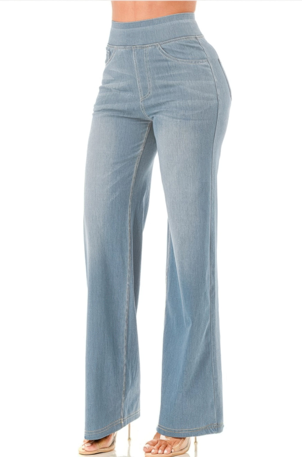 Ultra Soft flare baggy jeans, light wash denim, side view with wide leg opening