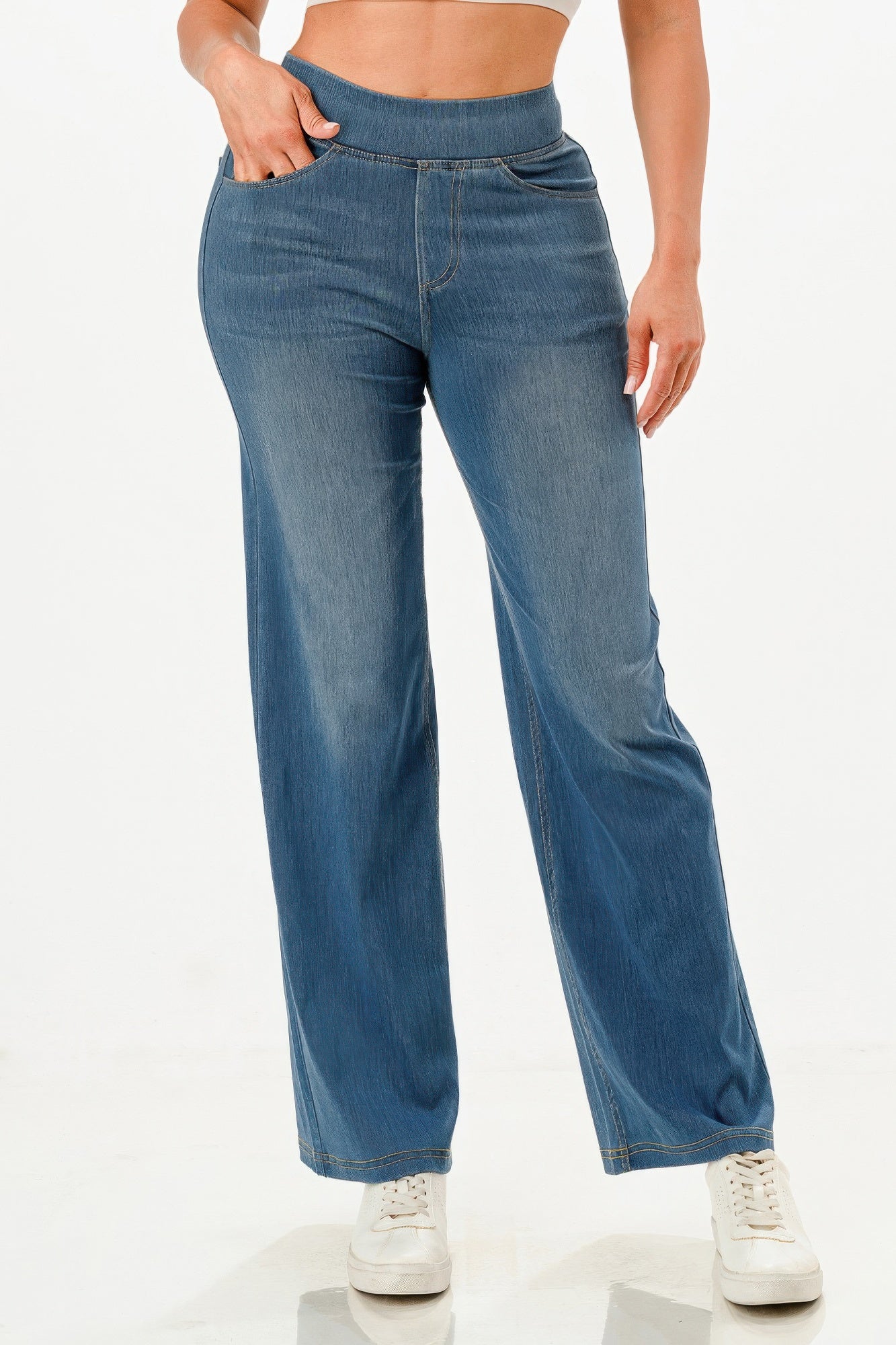 Ultra Soft flare baggy jeans, light wash denim, full front view with relaxed fit