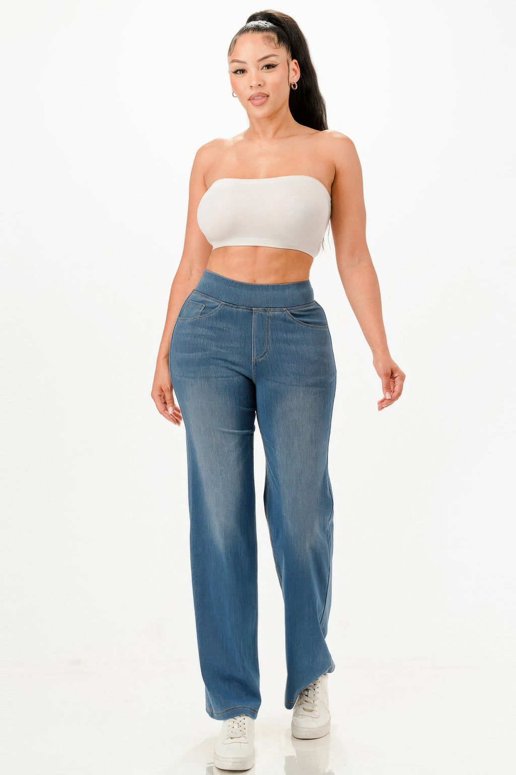 Ultra Soft flare baggy jeans, light wash denim, front view with high-rise waistband