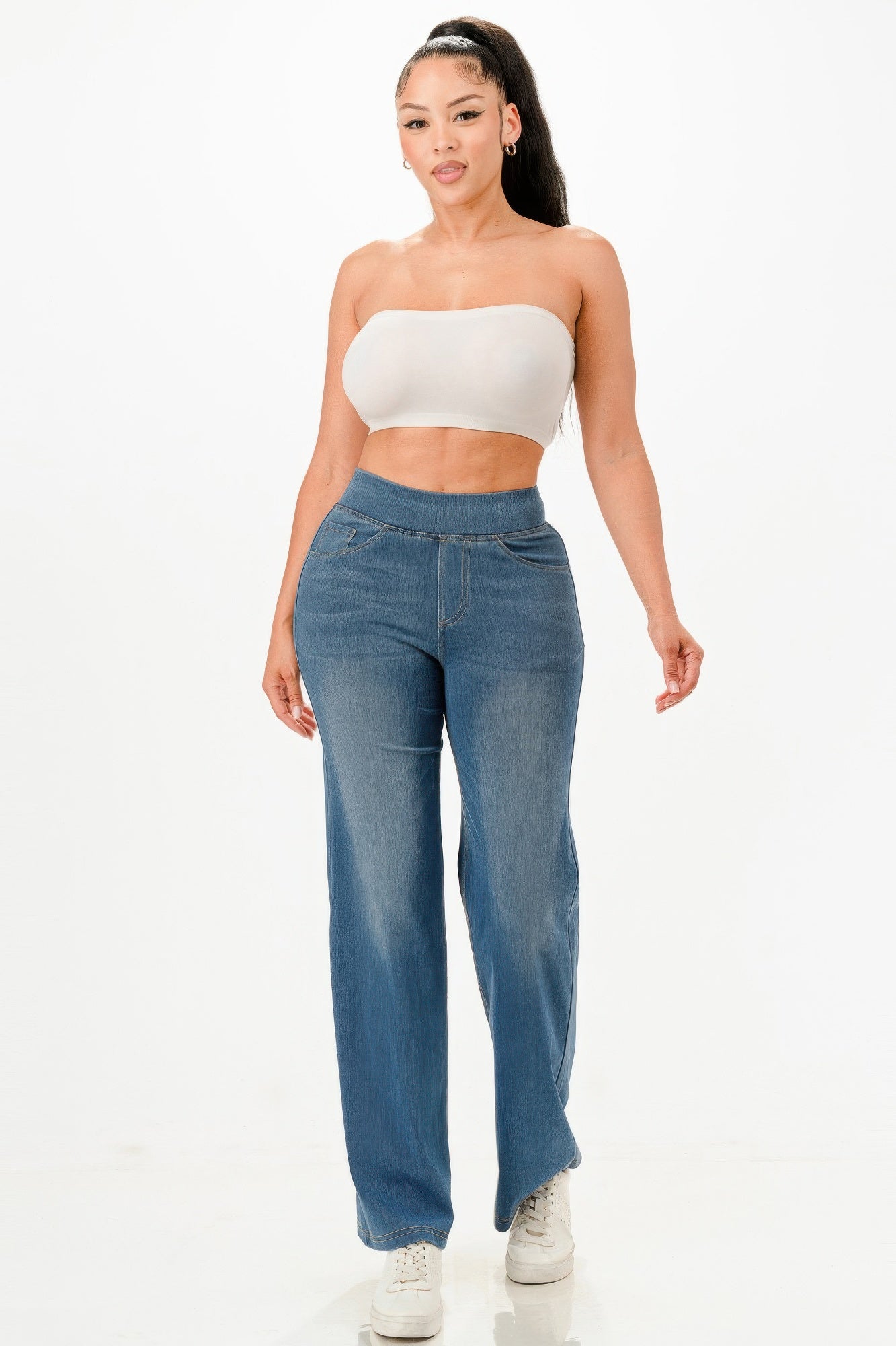 Ultra Soft flare baggy jeans, light wash denim, front view with high-rise waistband