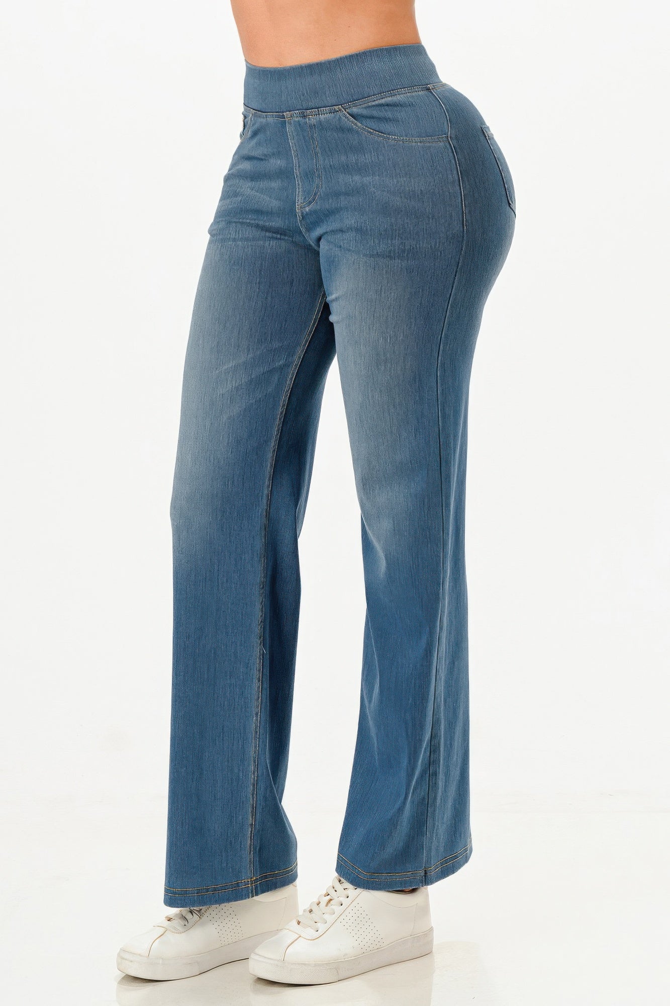 Ultra Soft flare baggy jeans, light wash denim, back view showing back pockets