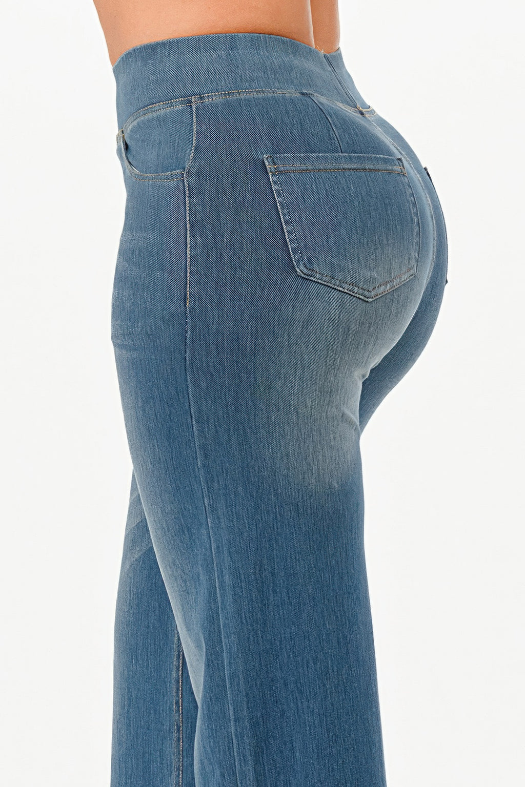 Ultra Soft flare baggy jeans, light wash denim, back side view with right back pocket