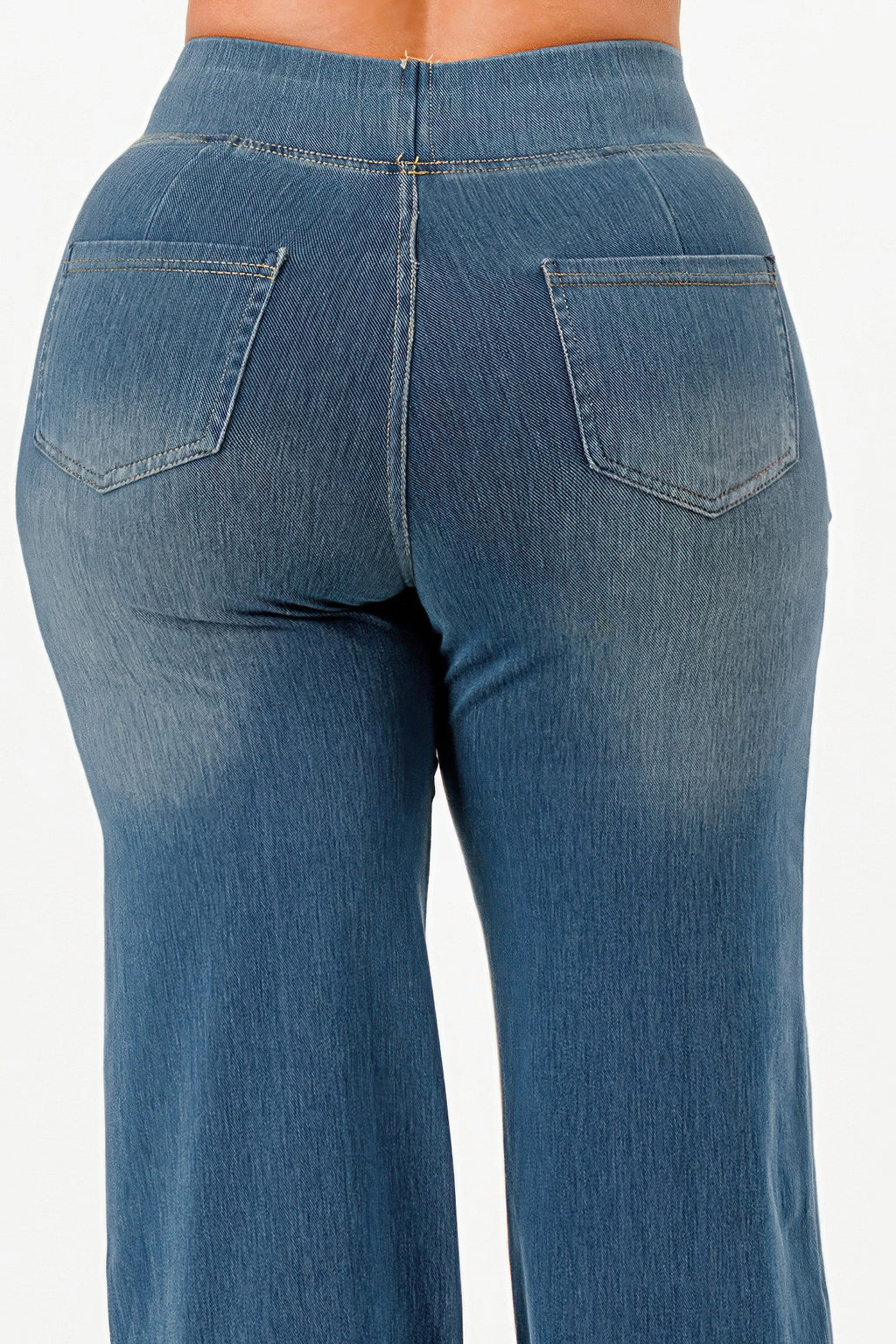 Ultra Soft flare baggy jeans, light wash denim, rear view with two back pockets