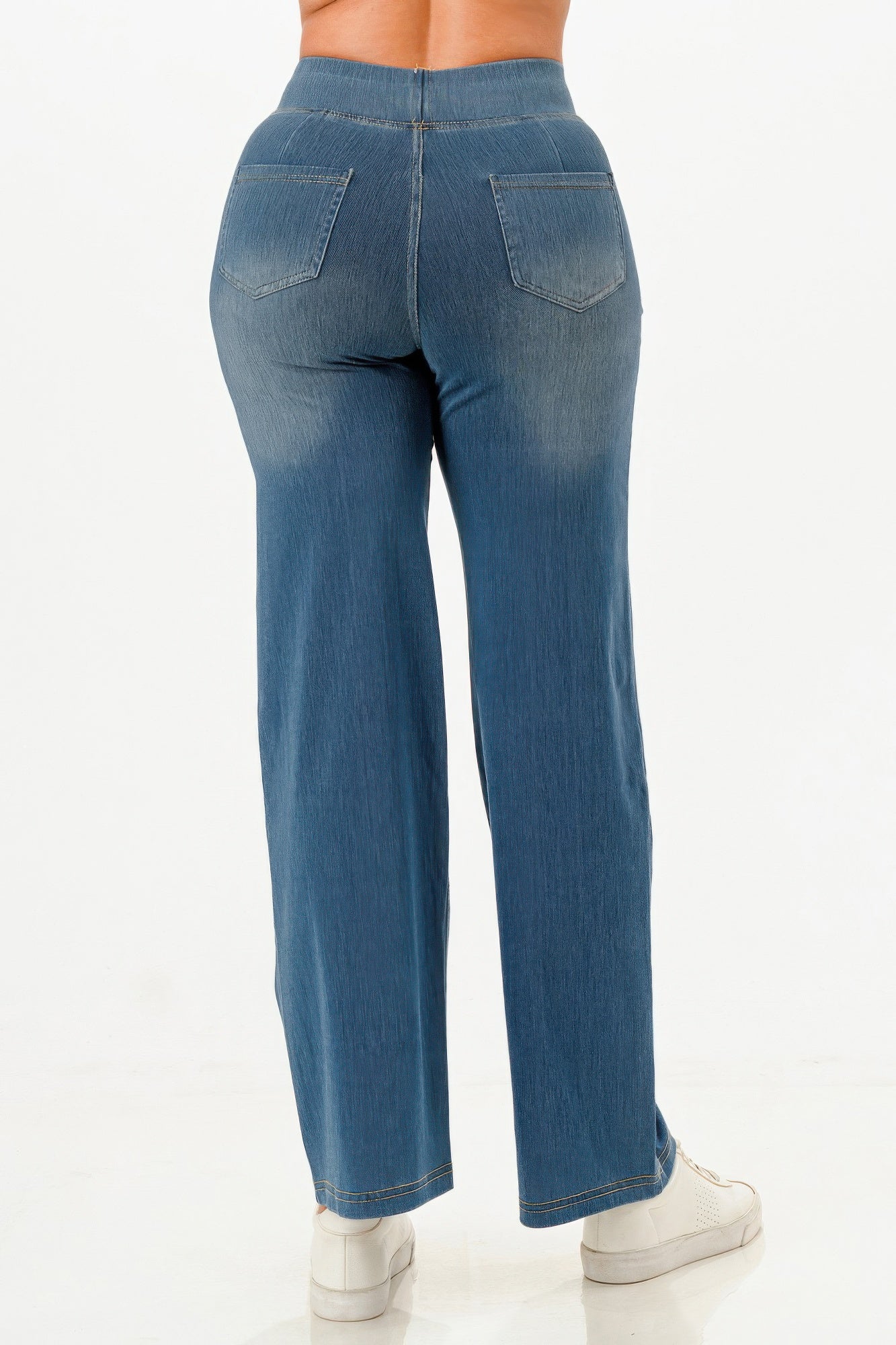 Ultra Soft flare baggy jeans, light wash denim, full back view with wide straight legs