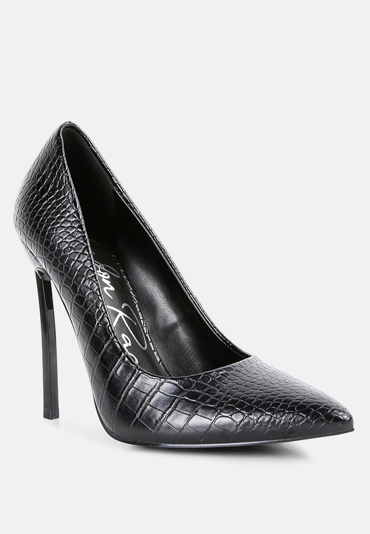 Black croc-embossed high stiletto heel pump, side profile with pointed toe.
