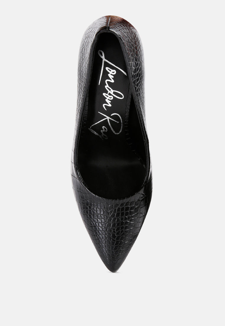 Black croc high stiletto heel pump, top view showing pointed toe opening.