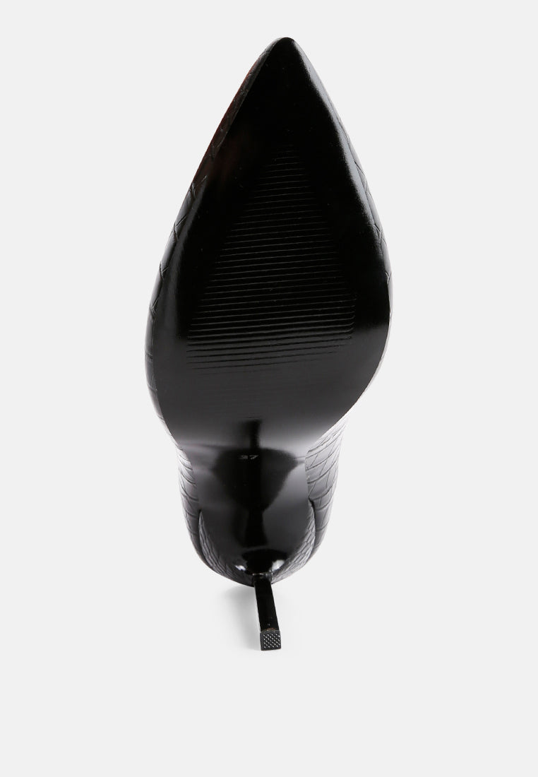 Black croc high stiletto heel pump, back view with slim stiletto heel.