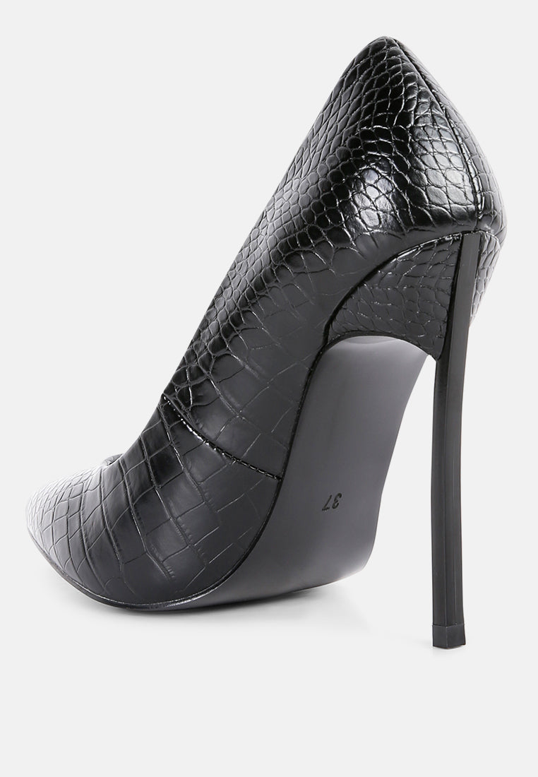 Black croc high stiletto heel pump, angled side view with sculpted heel.