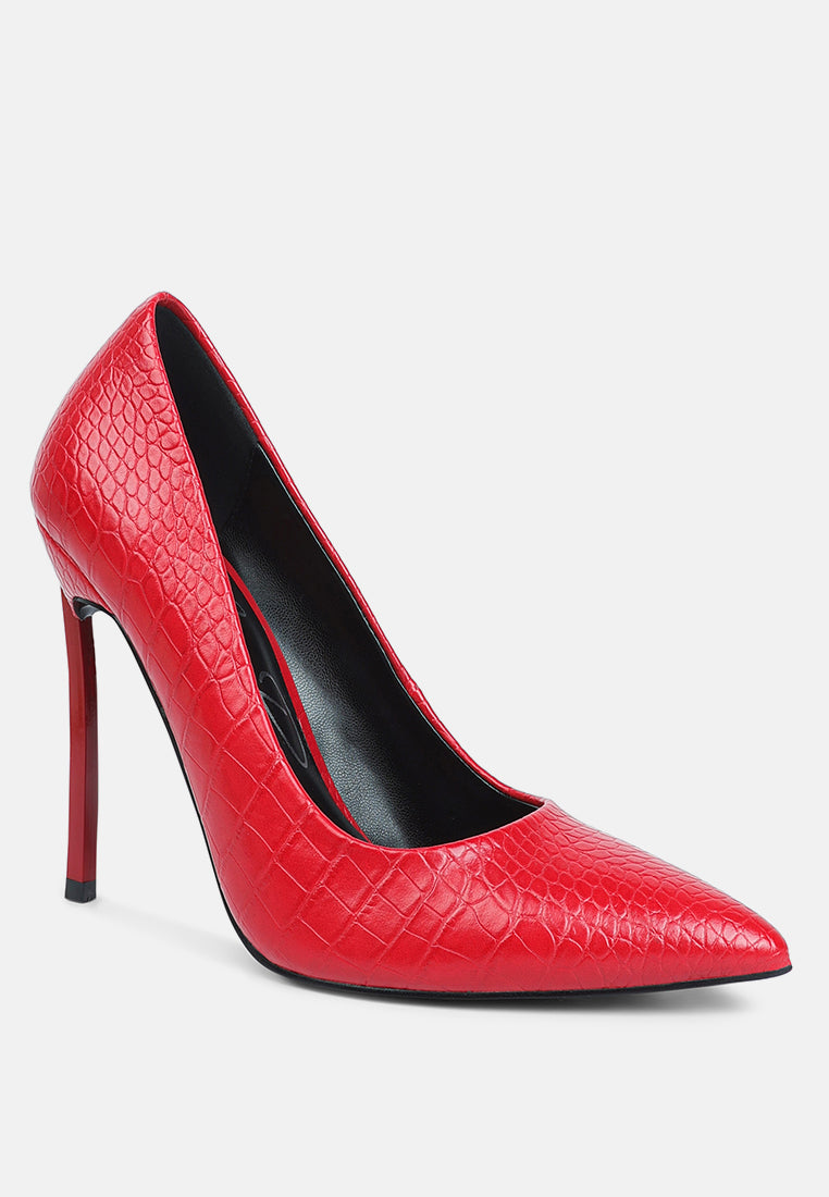 Red croc-embossed high stiletto heel pump, side profile, pointed toe.