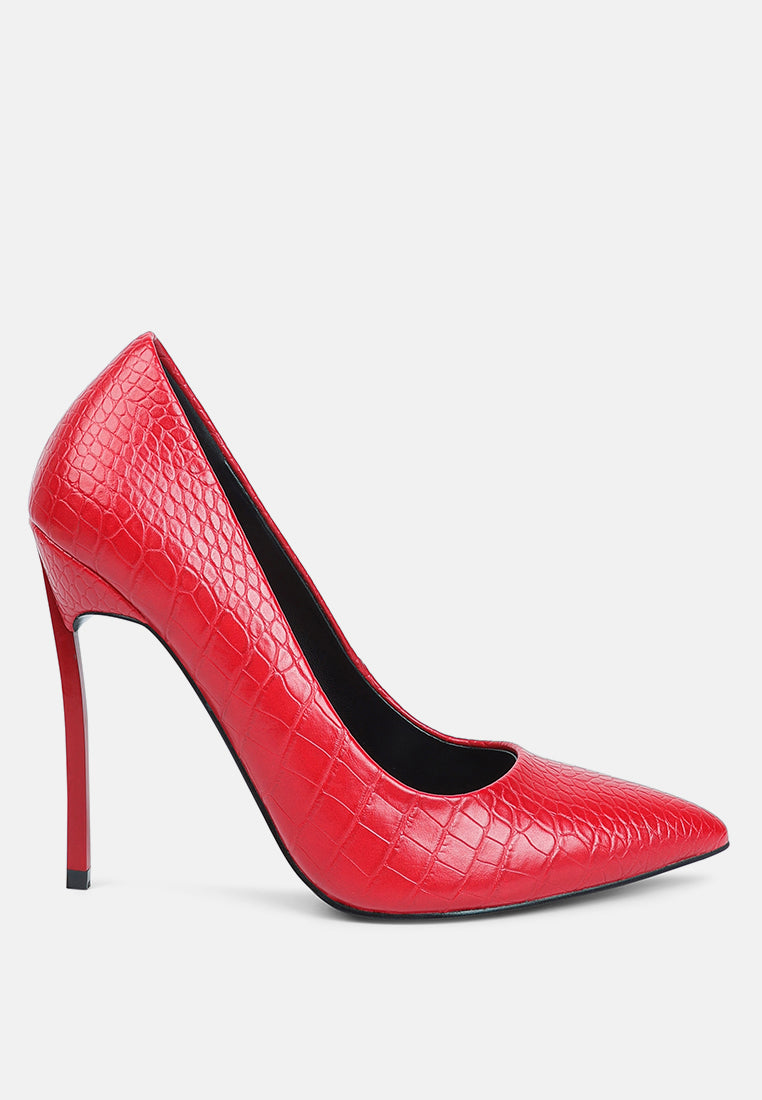 Red urchin croc high stiletto heel pumps with pointed toe and glossy texture.