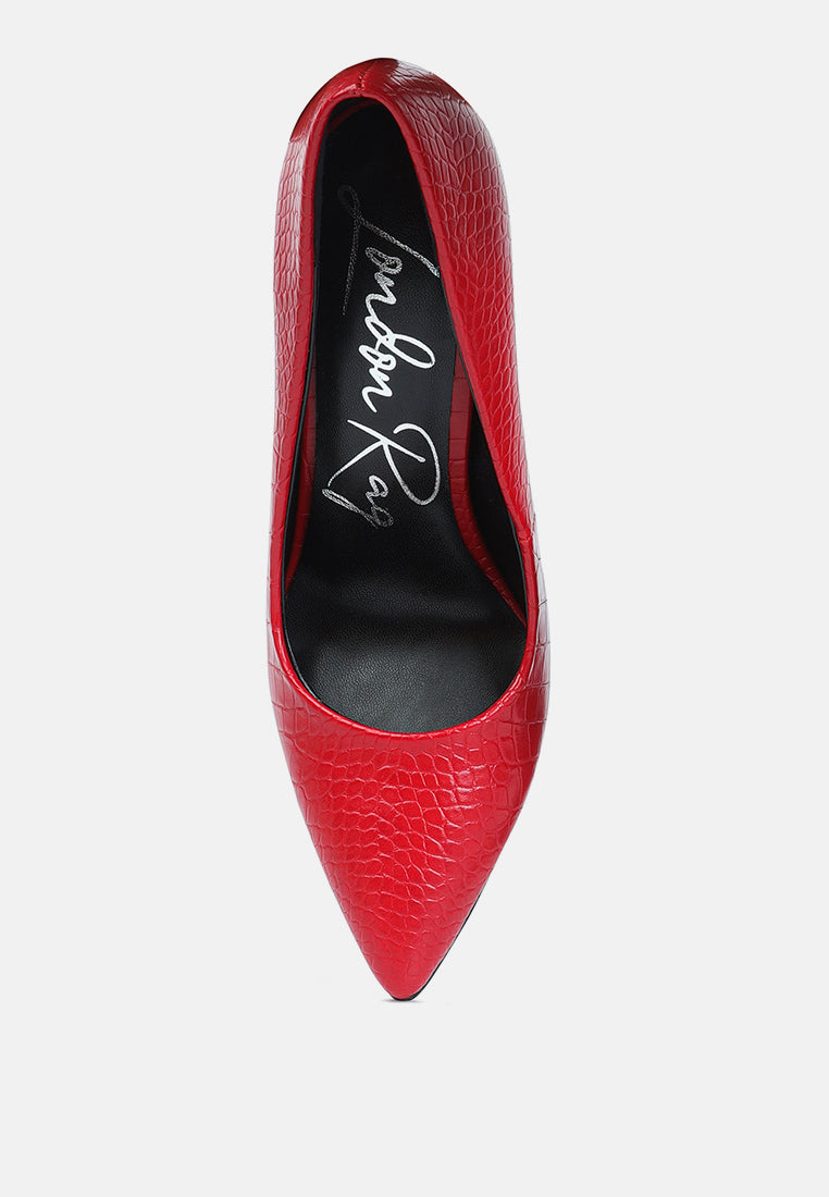 Red croc high stiletto heel pump, inner view with pointed toe and black lining.
