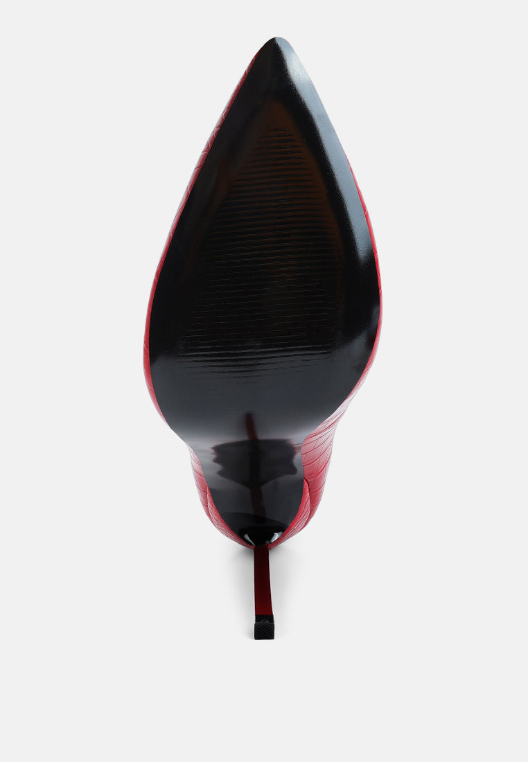 Red croc high stiletto heel pump, back view showing heel tip and pointed toe.
