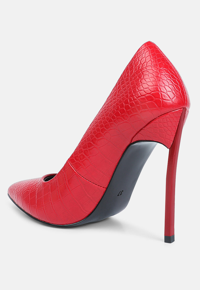 Red croc high stiletto heel pump, side view with sculpted heel and pointed toe.
