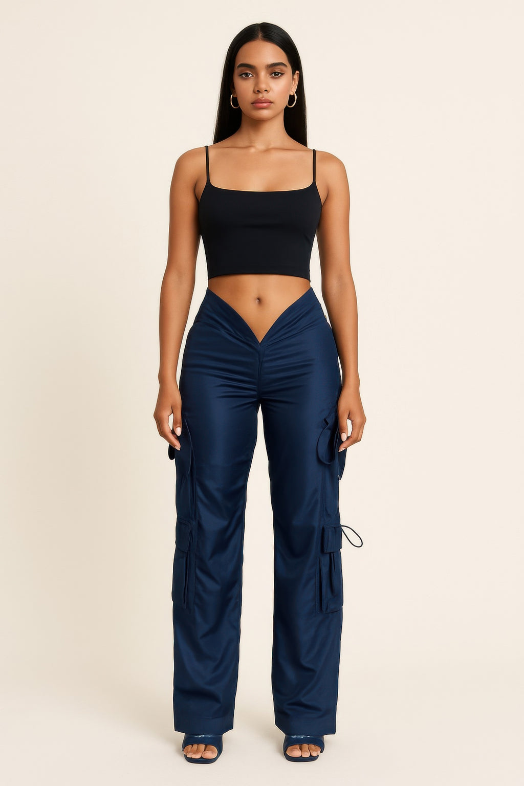 V cut cargo pants, dark navy, draped utility pockets with tie strings on the sides