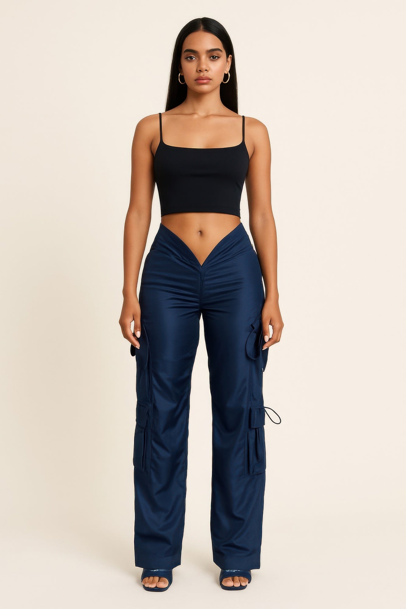 V cut cargo pants, dark navy, draped utility pockets with tie strings on the sides