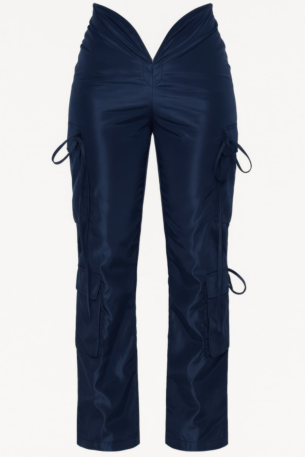 Navy V cut cargo pants front view, side utility pockets with tie cords