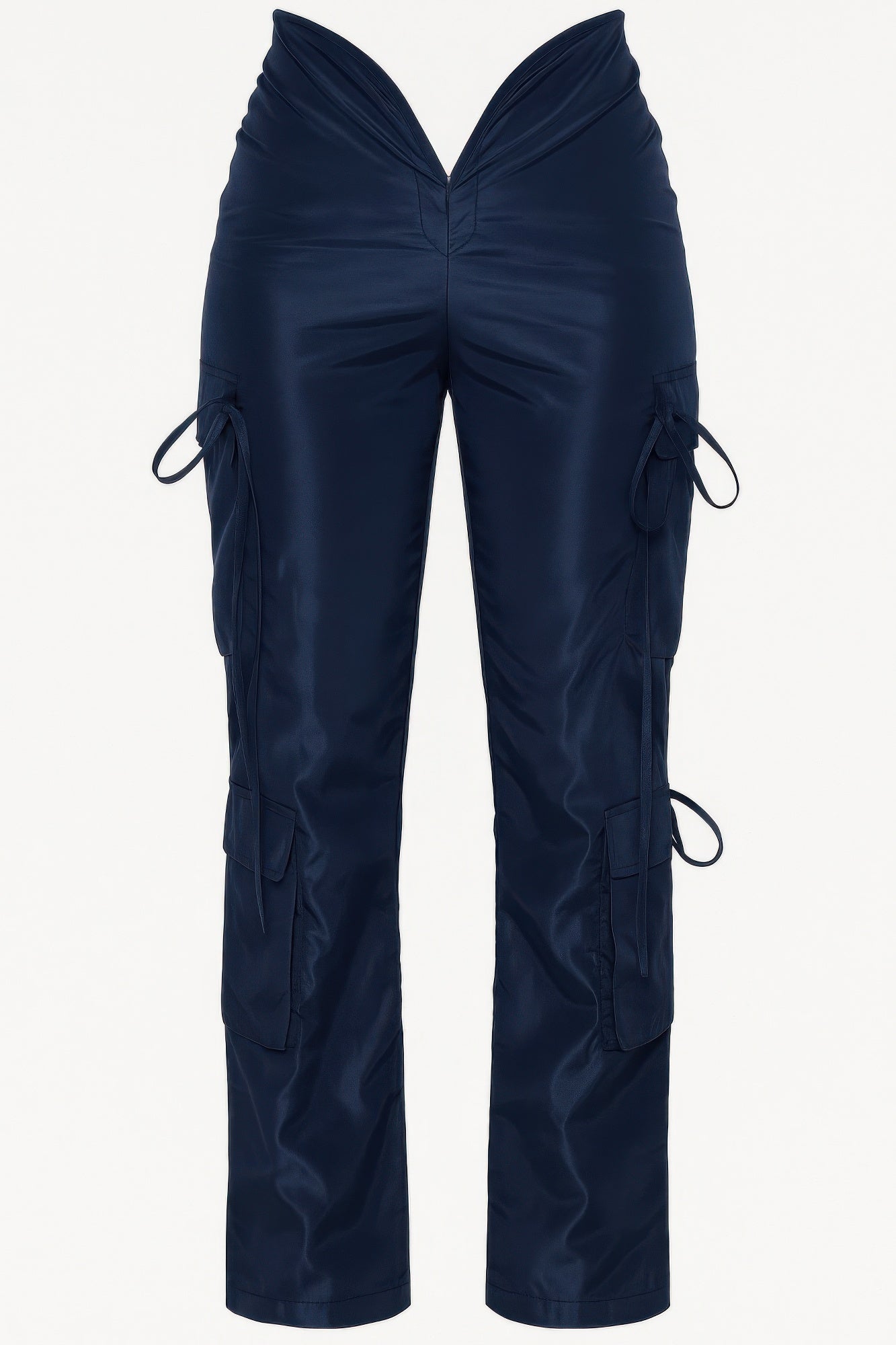 Navy V cut cargo pants front view, side utility pockets with tie cords