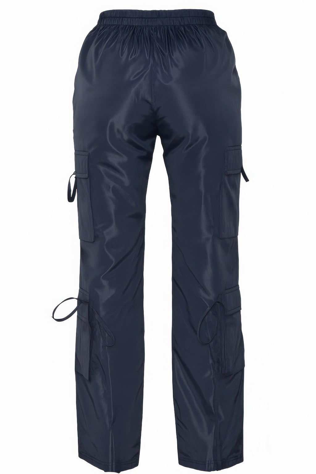 Dark navy cargo pants back view, elastic waist, side cargo pockets with tie cords
