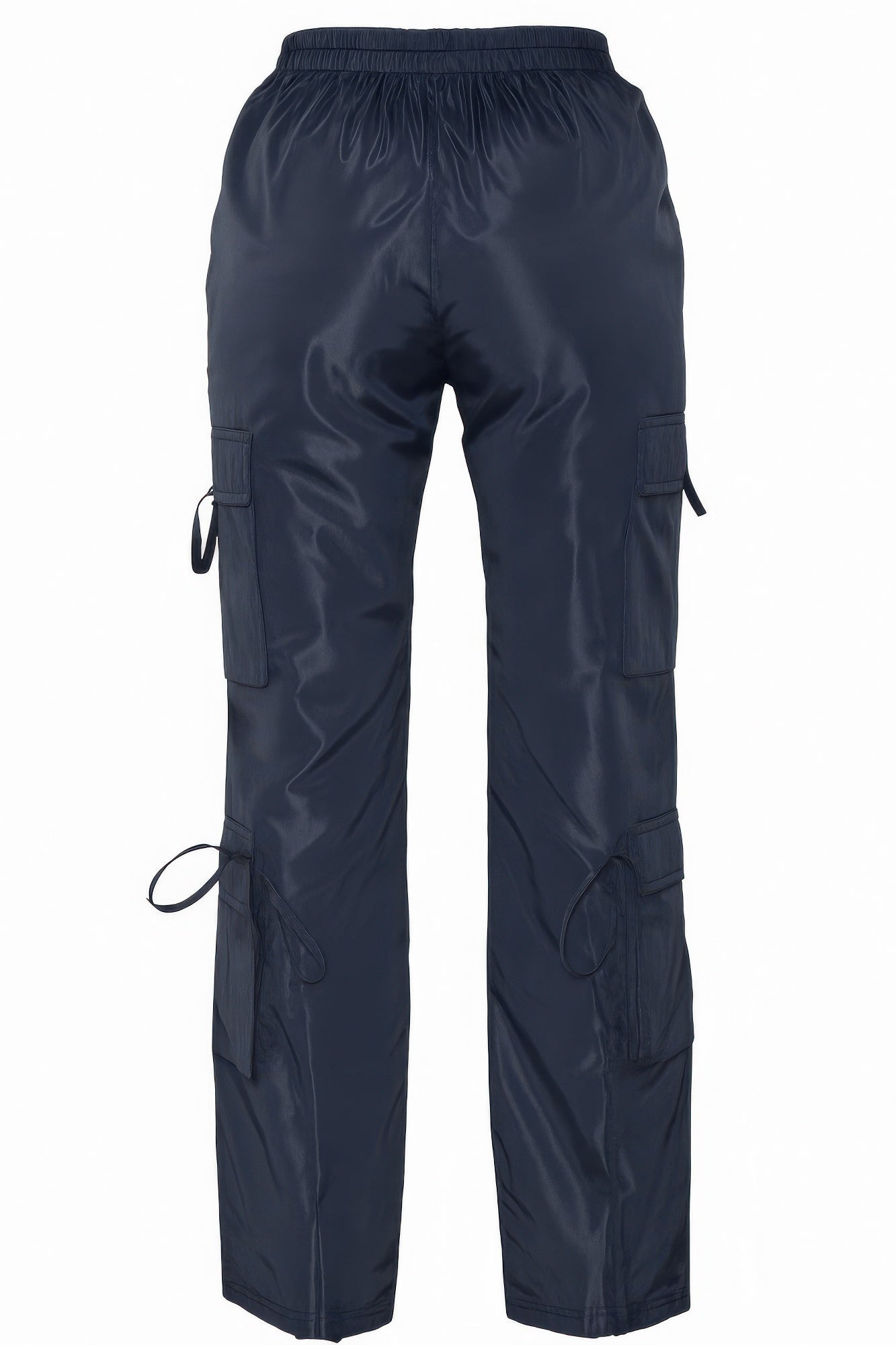 Dark navy cargo pants back view, elastic waist, side cargo pockets with tie cords