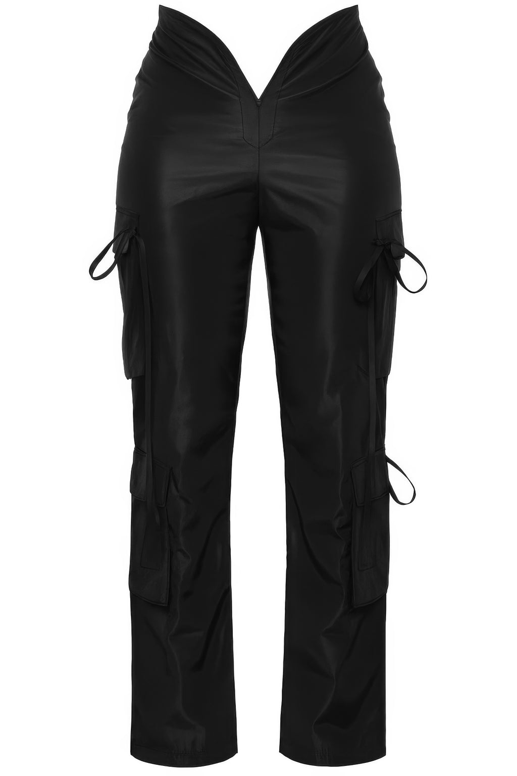 V-cut Cargo Pants in dark, with side cargo pockets and drawstring ties