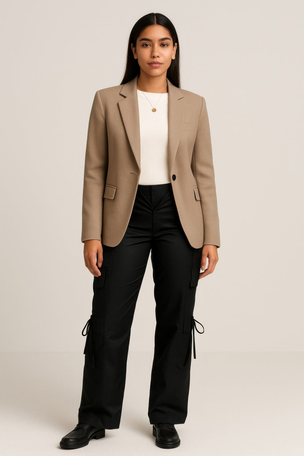 Wide-leg V-cut cargo pants, dark, with cargo pockets and drawstring hems
