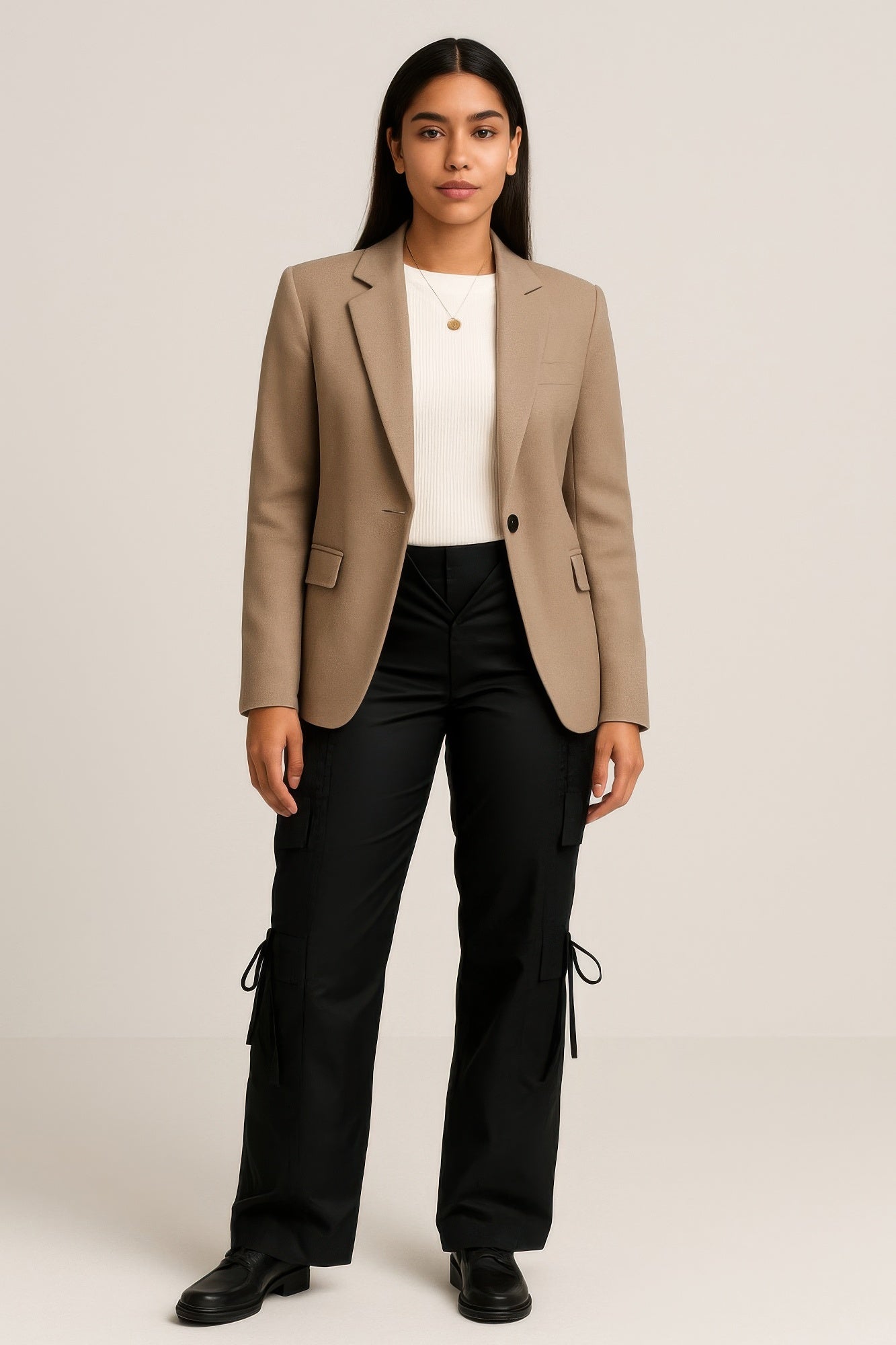Wide-leg V-cut cargo pants, dark, with cargo pockets and drawstring hems