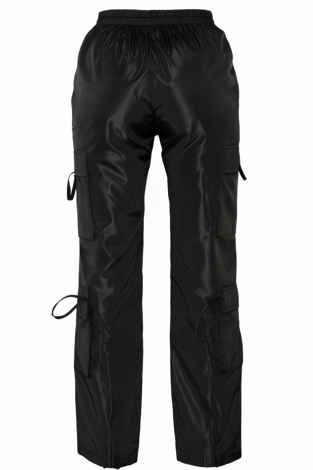 Back view: V-cut cargo pants with elastic waistband and side flap cargo pockets