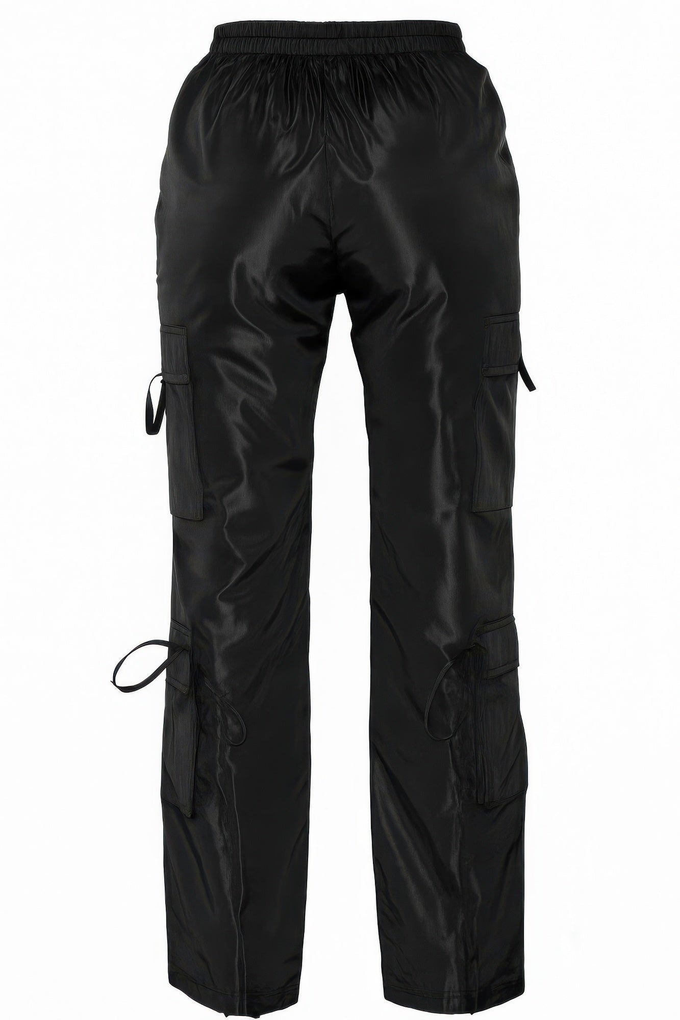 Back view: V-cut cargo pants with elastic waistband and side flap cargo pockets