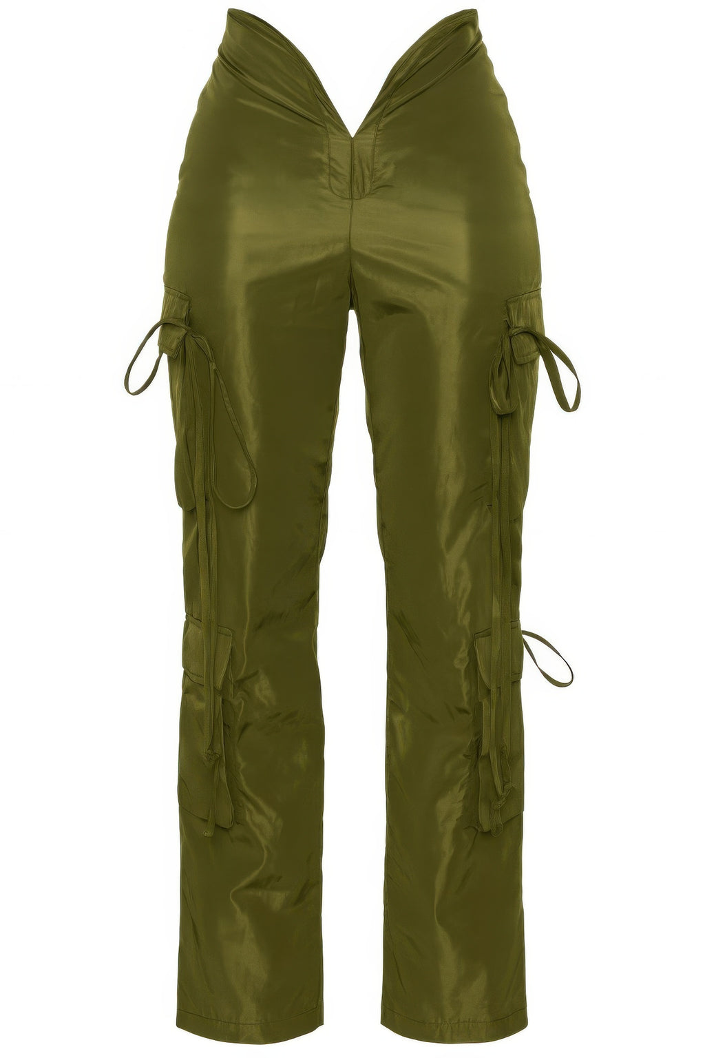 Olivgrüne V-Cut Cargo Pants, flachliegend, Kordelzüge an den Cargo-Taschen