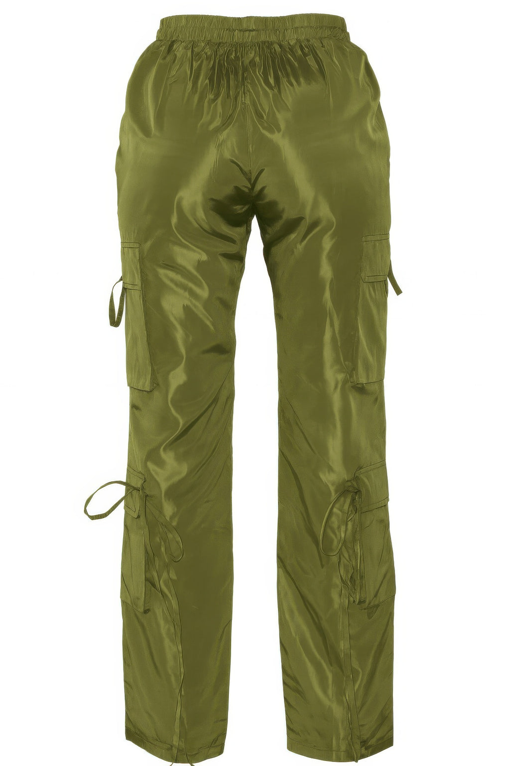 Olivgrüne Cargo Pants hinten, elastischer Bund, Taschenklappen und Kordelzüge