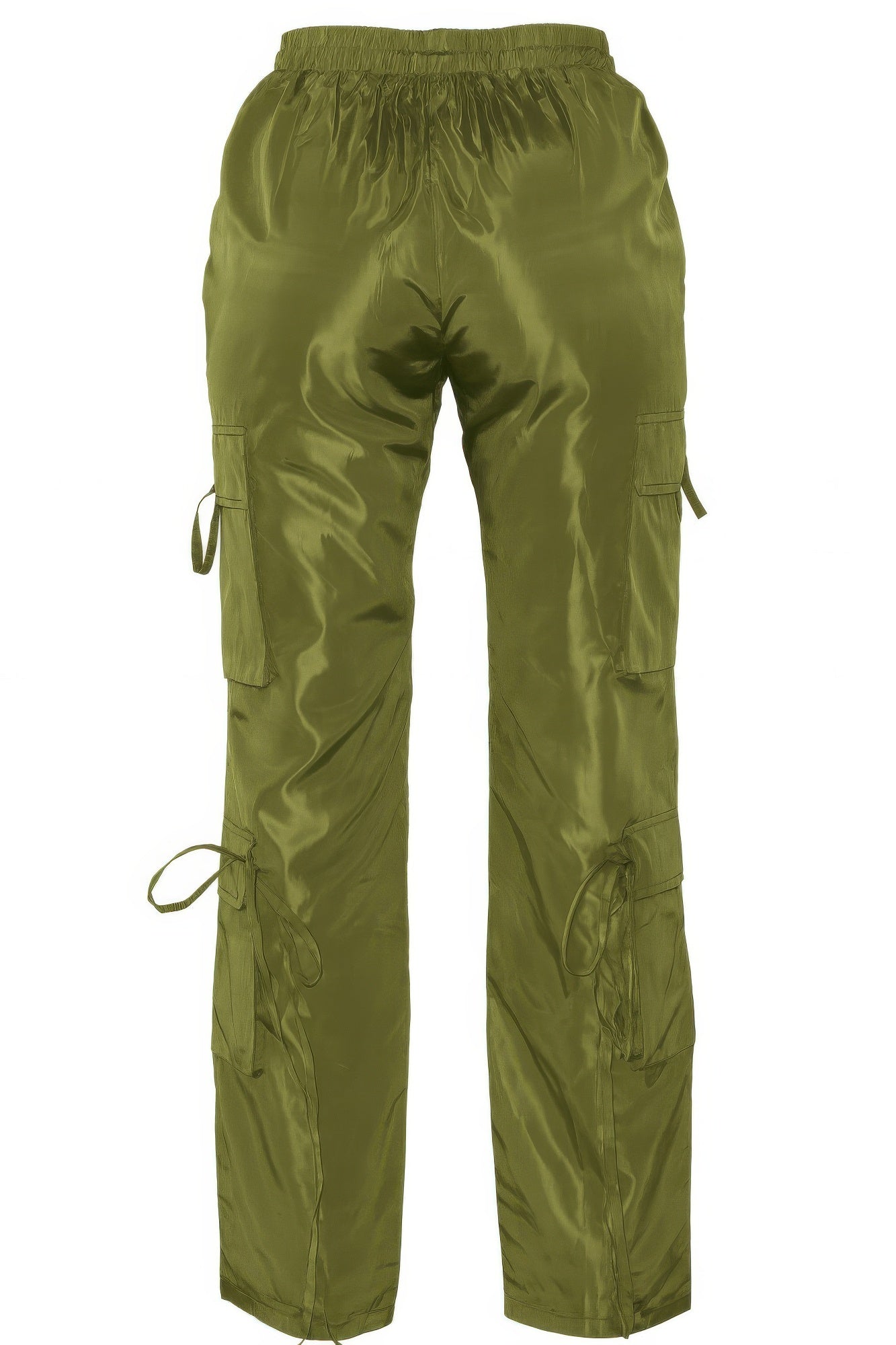 Olivgrüne Cargo Pants hinten, elastischer Bund, Taschenklappen und Kordelzüge