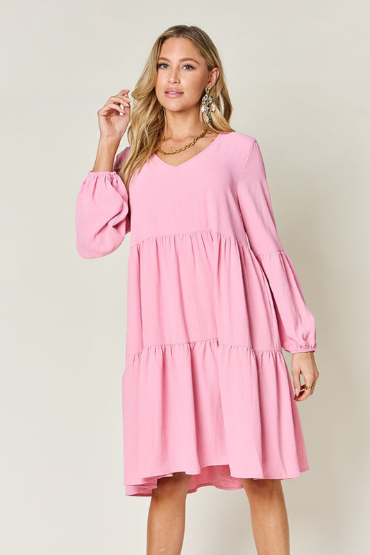 V-Neck Balloon Sleeve Tiered Dress with Pockets - Tigbul's Variety Fashion Shop