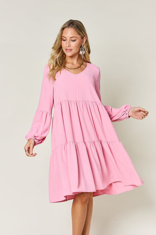 V-Neck Balloon Sleeve Tiered Dress with Pockets - Tigbul's Variety Fashion Shop
