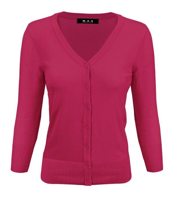 V-neck button knit cardigan sweater in magenta pink, long sleeves, front button placket