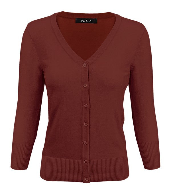 V-neck button knit cardigan sweater in brown, long sleeves, ribbed cuffs and hem
