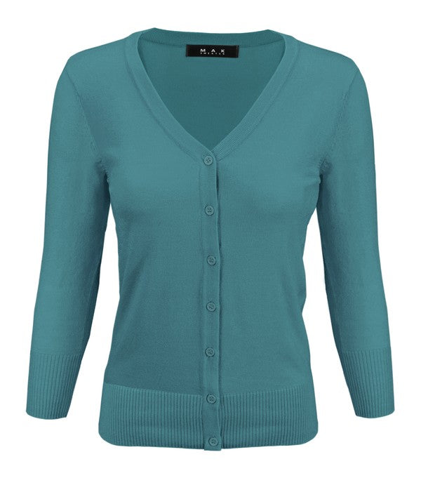 V-neck button-front knit cardigan sweater in turquoise teal