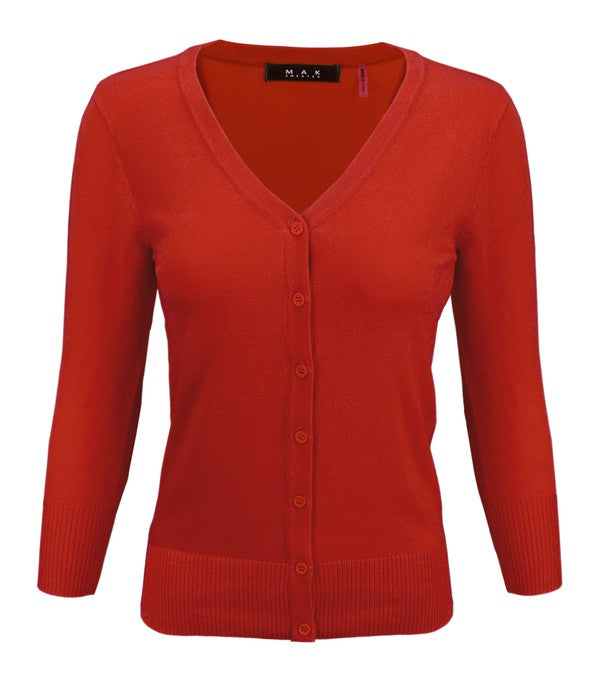 V-neck button-front knit cardigan sweater in bright orange-red