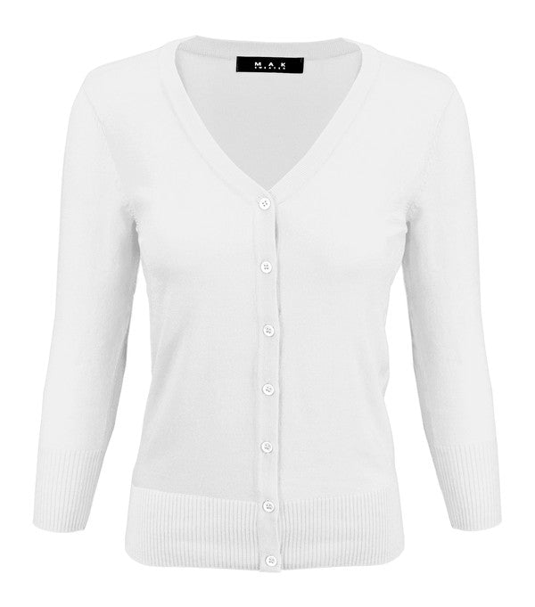 V-neck button knit cardigan sweater in white, ribbed cuffs and hem