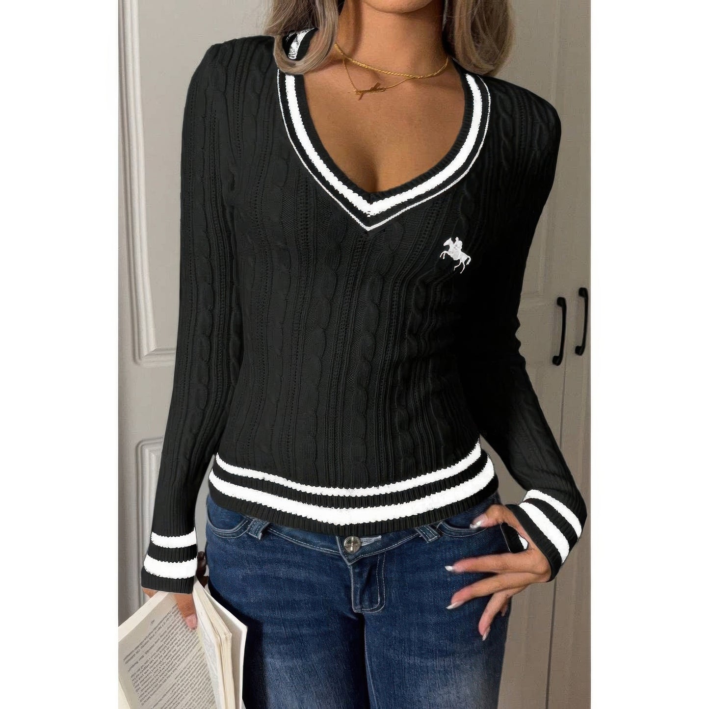 V Neck Cable Knit Long Sleeve Fit Sweater - Tigbul's Variety Fashion Shop