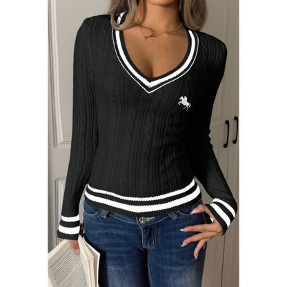 V Neck Cable Knit Long Sleeve Fit Sweater - Tigbul's Variety Fashion Shop