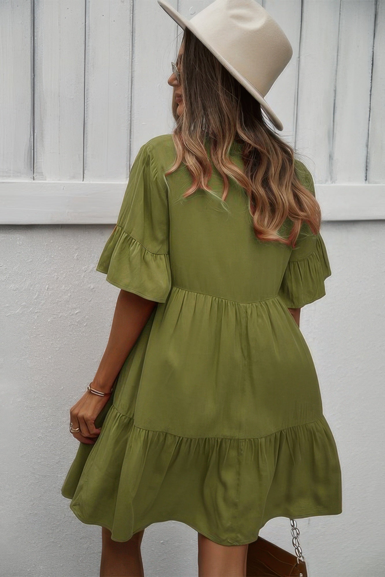 Light green V-neck tiered ruffle hem dress with flounce short sleeves