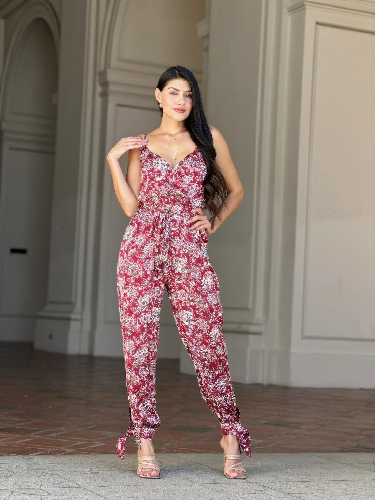 V Neck Sleeveless Paisley Jumpsuit With Tie Waist - Tigbul's Variety Fashion Shop